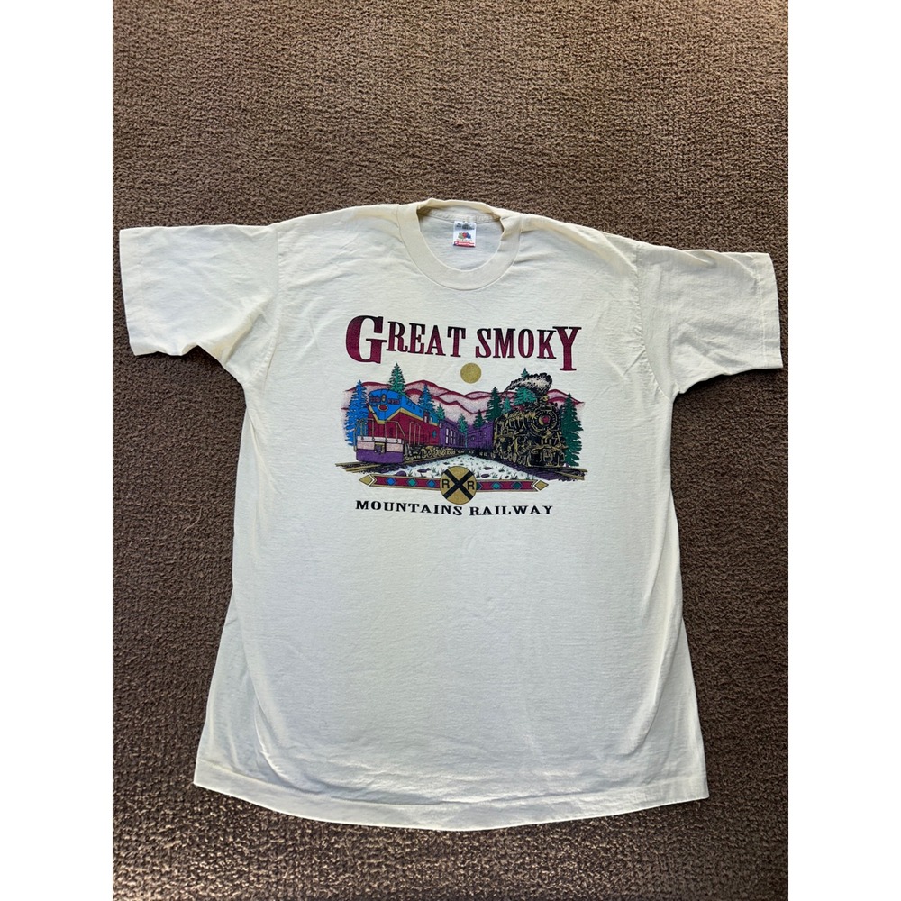 Vintage Fruit of the Loom Great Smoky Mountains Railway T-Shirt XL Cream 90s USA